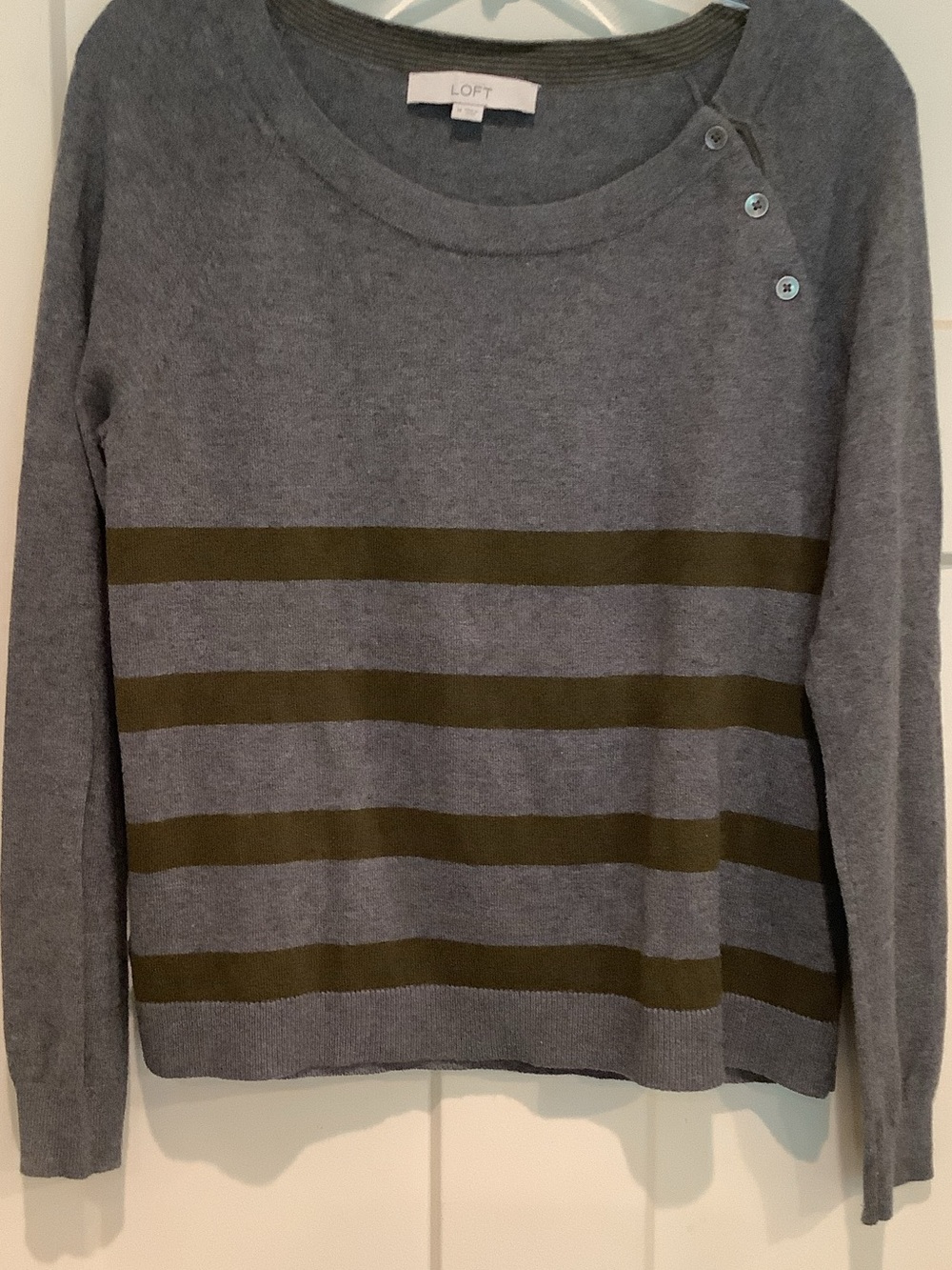 LOFT Gray Crewneck Sweater with Olive Stripes